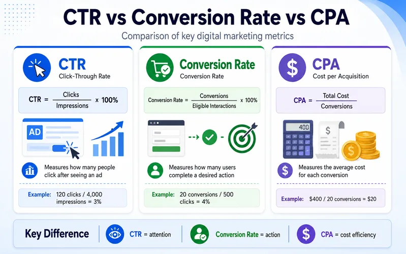 Conversion Rate, CTR và CPA đo những khía cạnh khác nhau trong hiệu quả marketing